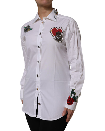 Dolce & Gabbana White Cotton Floral Embellished Shirt Top