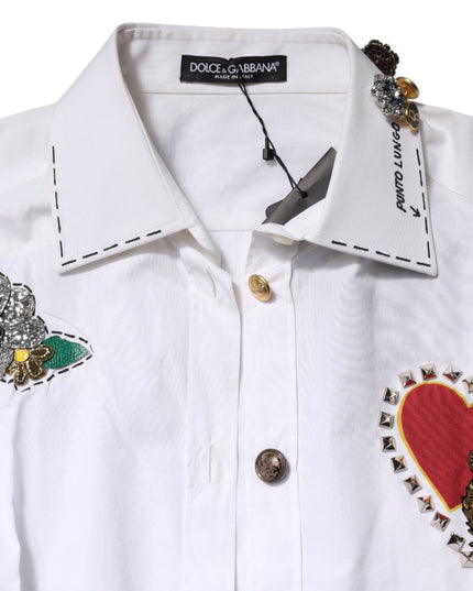 Dolce & Gabbana White Cotton Floral Embellished Shirt Top