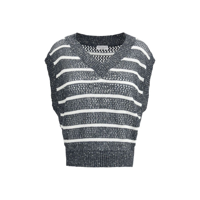 Brunello Cucinelli Blue Linen Sleeveles Sweater