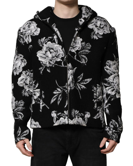 Dolce & Gabbana Black Wool Floral Printed Men Hooded Jacket