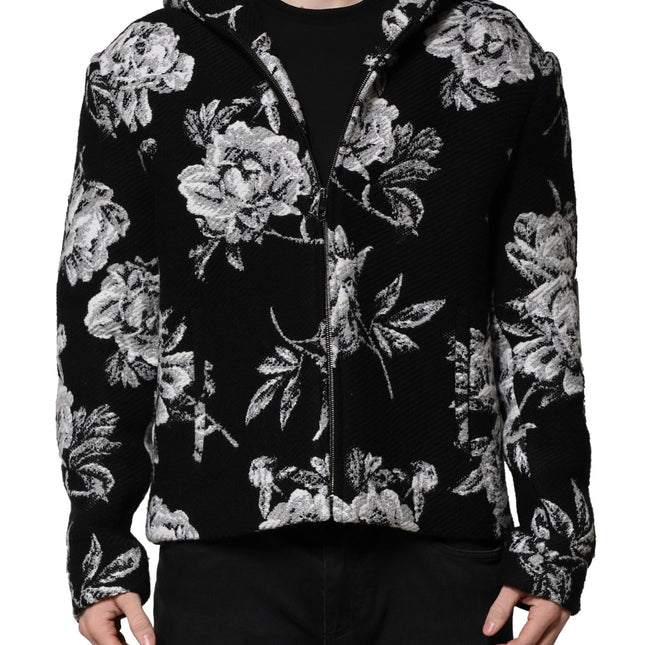 Dolce & Gabbana Black Wool Floral Printed Men Hooded Jacket