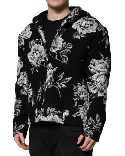 Dolce & Gabbana Black Wool Floral Printed Men Hooded Jacket