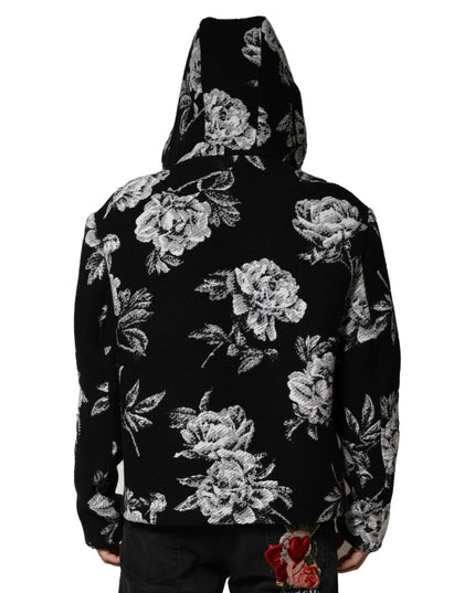 Dolce & Gabbana Black Wool Floral Printed Men Hooded Jacket