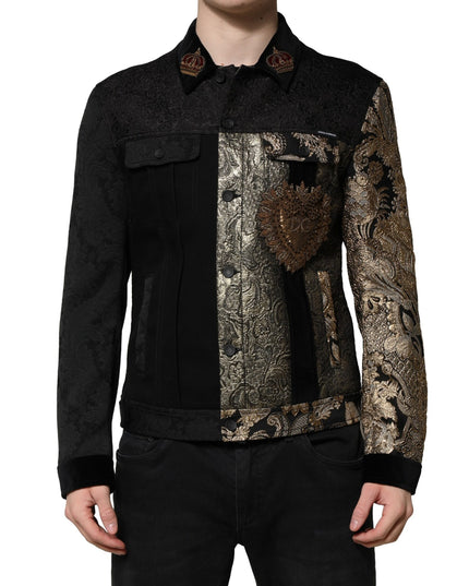 Dolce & Gabbana Black Gold Floral Jacquard Men Biker Jacket