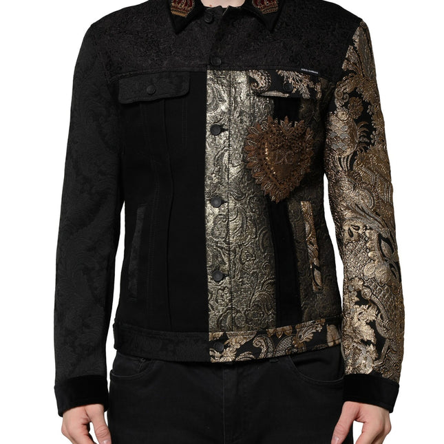 Dolce & Gabbana Black Gold Floral Jacquard Men Biker Jacket