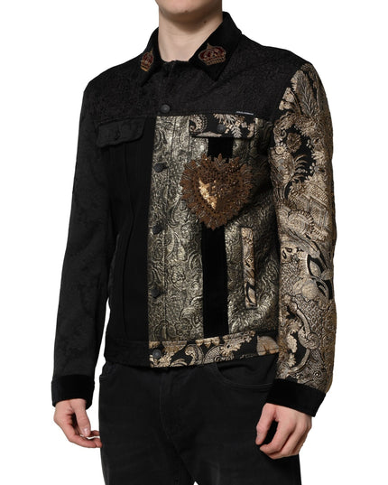 Dolce & Gabbana Black Gold Floral Jacquard Men Biker Jacket