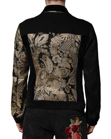 Dolce & Gabbana Black Gold Floral Jacquard Men Biker Jacket