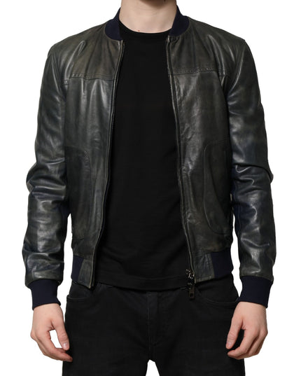 Dolce & Gabbana Black Lambskin Leather Biker Full Zip Jacket