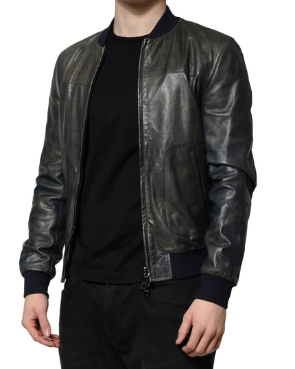 Dolce & Gabbana Black Lambskin Leather Biker Full Zip Jacket