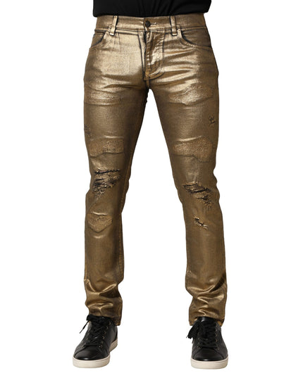Dolce & Gabbana Gold Tattered Cotton Stretch Slim Denim Jeans