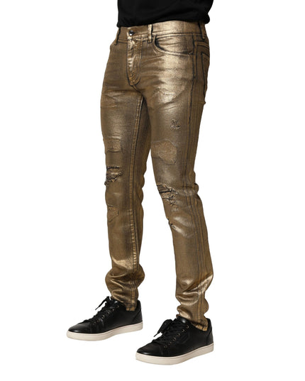 Dolce & Gabbana Gold Tattered Cotton Stretch Slim Denim Jeans