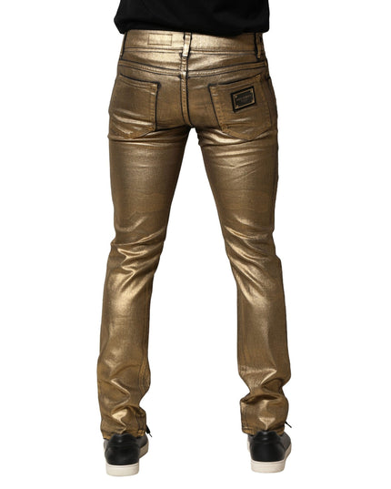 Dolce & Gabbana Gold Tattered Cotton Stretch Slim Denim Jeans