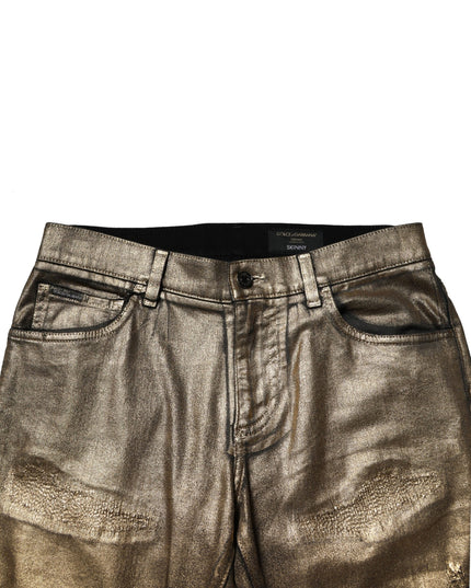 Dolce & Gabbana Gold Tattered Cotton Stretch Slim Denim Jeans