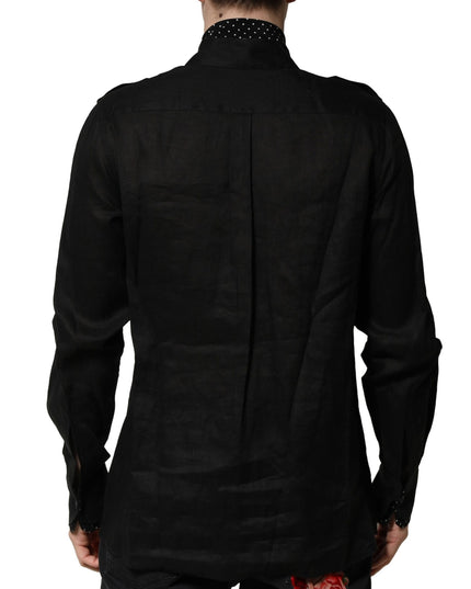 Dolce & Gabbana Black Polka Dot Linen Silk Men Casual Shirt