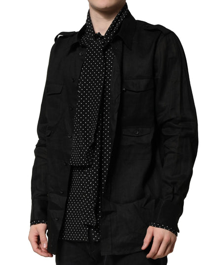 Dolce & Gabbana Black Polka Dot Linen Silk Men Casual Shirt