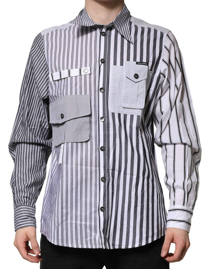 Dolce & Gabbana White Gray Striped Cotton Men Casual Shirt