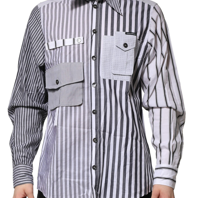 Dolce & Gabbana White Gray Striped Cotton Men Casual Shirt