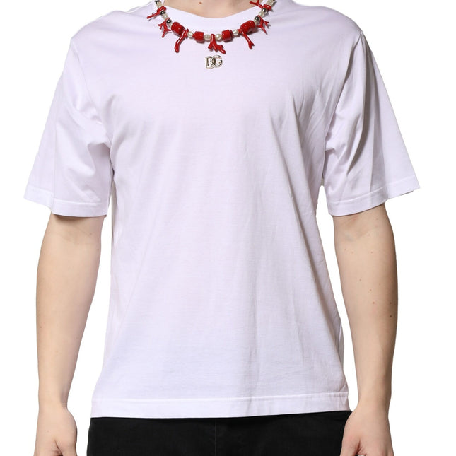 Dolce & Gabbana White Embellished Cotton Crew Neck T-shirt