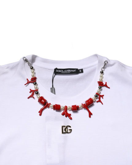 Dolce & Gabbana White Embellished Cotton Crew Neck T-shirt