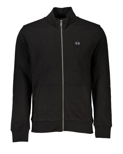 La Martina Black Cotton Men Sweater with Central Pockets and Zip