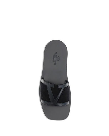 Valentino Garavani Black Calf Leather Bos Taurus Flat Sandals