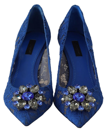 Dolce & Gabbana Blue Lace Crystal Ballet Pumps Shoes