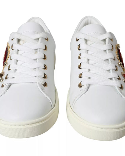 Dolce & Gabbana White Leather Gold Red Heart Sneakers Shoes