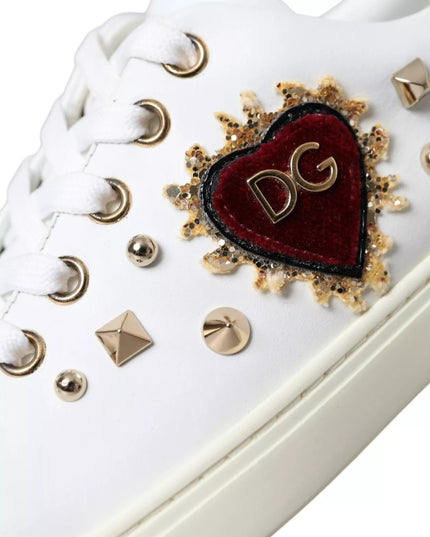 Dolce & Gabbana White Leather Gold Red Heart Sneakers Shoes