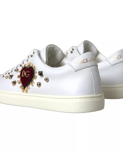 Dolce & Gabbana White Leather Gold Red Heart Sneakers Shoes