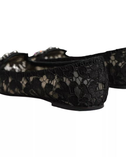 Dolce & Gabbana Black Lace Crystal Ballet Flats Loafer Shoes