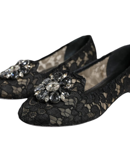 Dolce & Gabbana Black Lace Crystal Ballet Flats Loafer Shoes