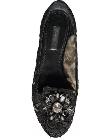 Dolce & Gabbana Black Lace Crystal Ballet Flats Loafer Shoes