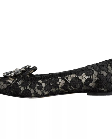 Dolce & Gabbana Black Lace Crystal Ballet Flats Loafer Shoes