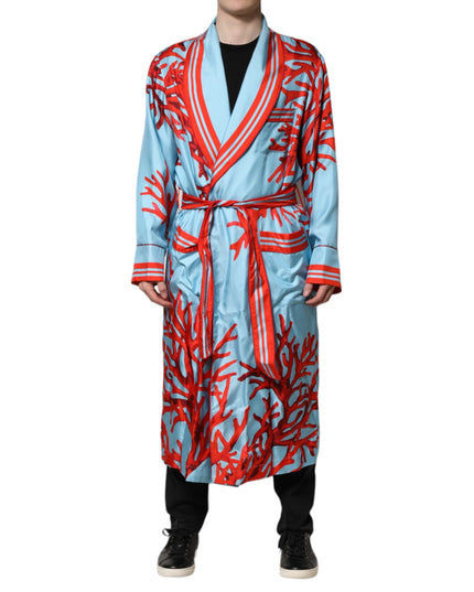 Dolce & Gabbana Blue Red Coral Print Wrap Robe Coat Jacket