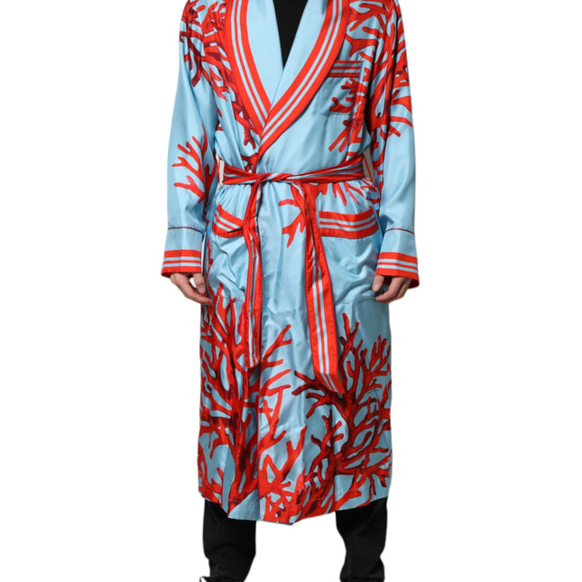 Dolce & Gabbana Blue Red Coral Print Wrap Robe Coat Jacket