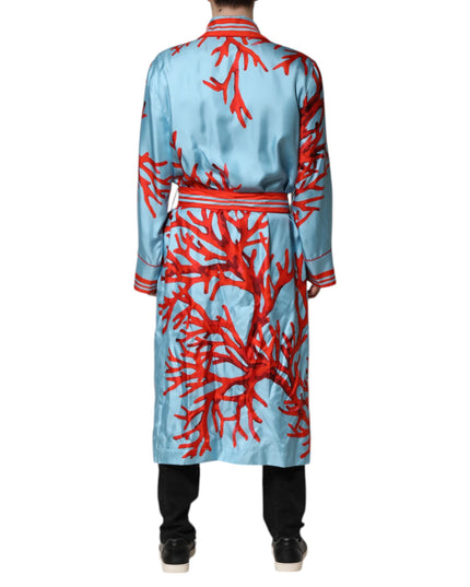 Dolce & Gabbana Blue Red Coral Print Wrap Robe Coat Jacket