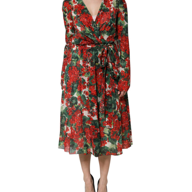 Dolce & Gabbana Multicolor Floral Long Sleeves V-neck Dress