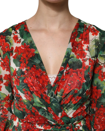 Dolce & Gabbana Multicolor Floral Long Sleeves V-neck Dress