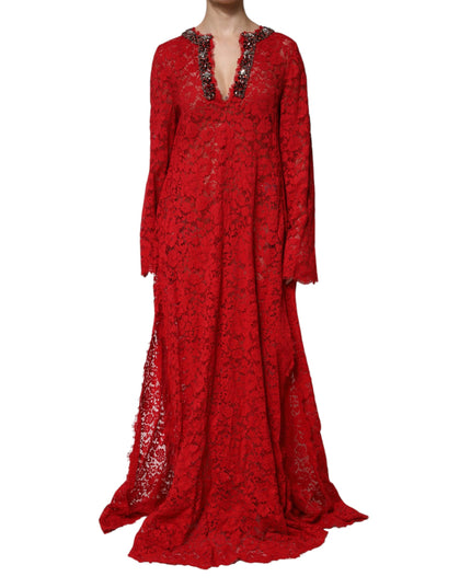 Dolce & Gabbana Red Floral Lace Rhinestone Embellished Dress