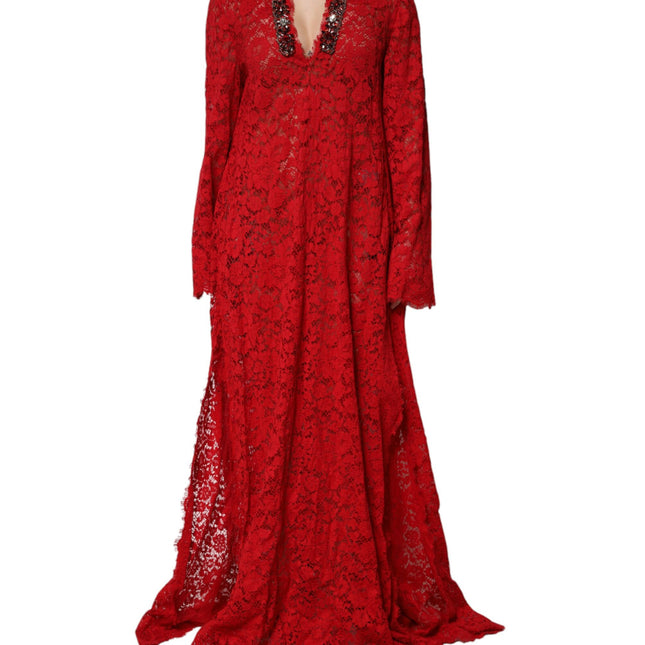 Dolce & Gabbana Red Floral Lace Rhinestone Embellished Dress