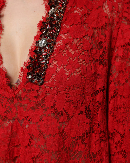 Dolce & Gabbana Red Floral Lace Rhinestone Embellished Dress