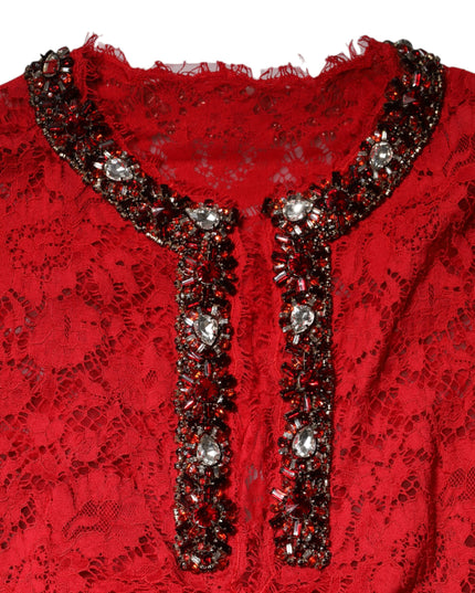 Dolce & Gabbana Red Floral Lace Rhinestone Embellished Dress