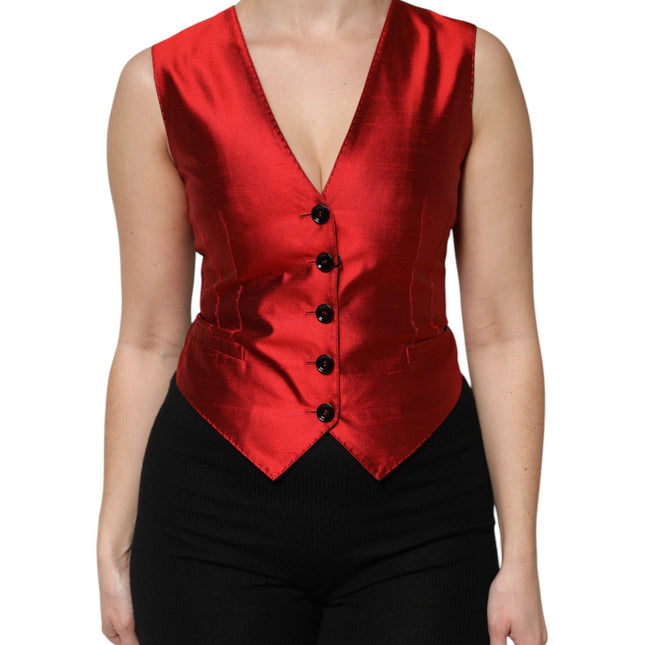 Dolce & Gabbana Red Black Button Down Sleeveless Vest Top