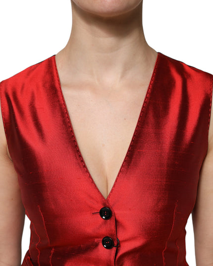 Dolce & Gabbana Red Black Button Down Sleeveless Vest Top