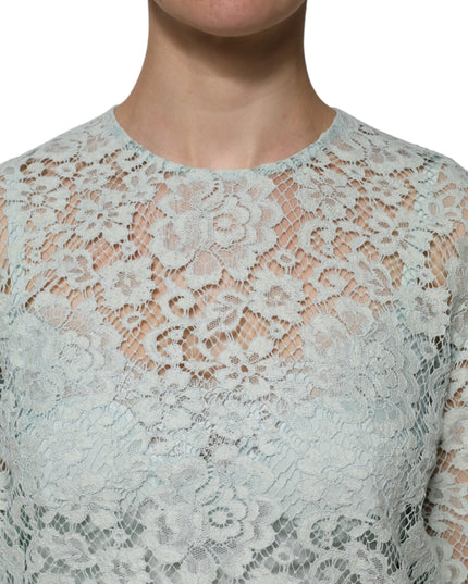 Dolce & Gabbana Mint Green Floral Lace Cotton Blouse Top