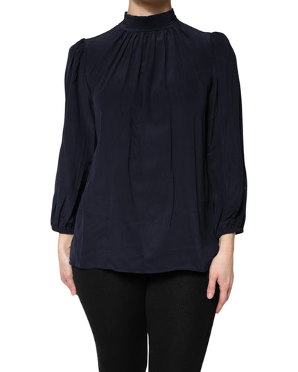 Dolce & Gabbana Blue Silk Mock Neck Long Sleeves Blouse Top