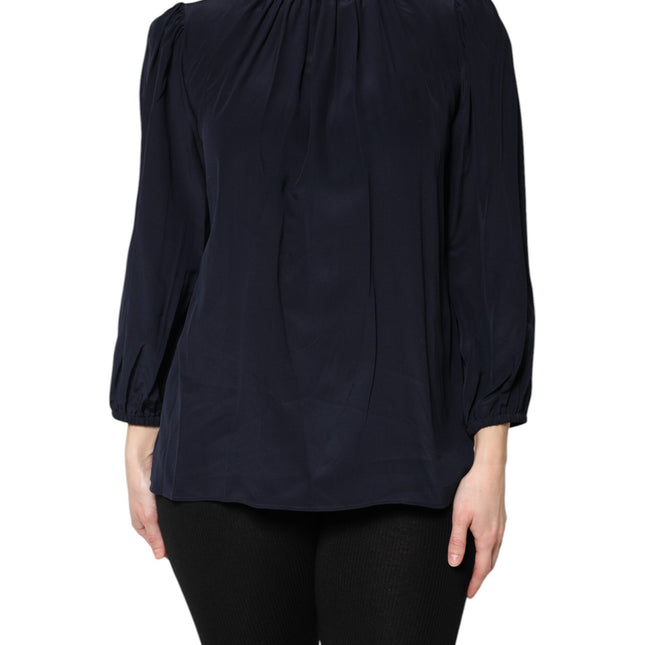 Dolce & Gabbana Blue Silk Mock Neck Long Sleeves Blouse Top