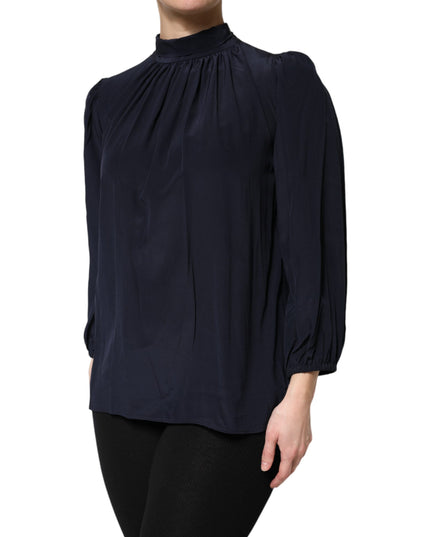 Dolce & Gabbana Blue Silk Mock Neck Long Sleeves Blouse Top