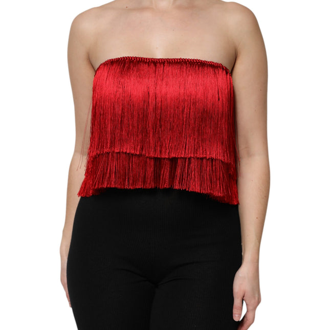 Dolce & Gabbana Red Silk Strapless Fringe Crop Tube Top