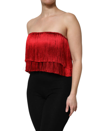 Dolce & Gabbana Red Silk Strapless Fringe Crop Tube Top